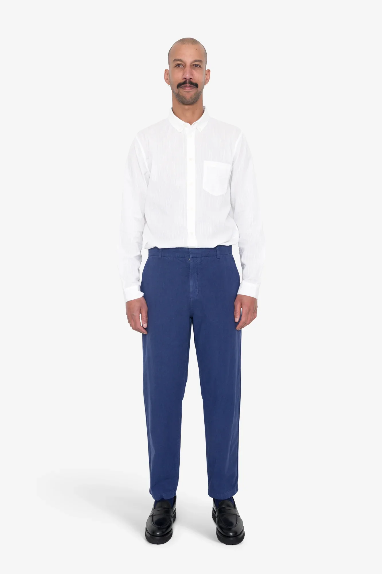 Fixed Waistband Cotton Linen Trousers - Deep Blue - Image 3