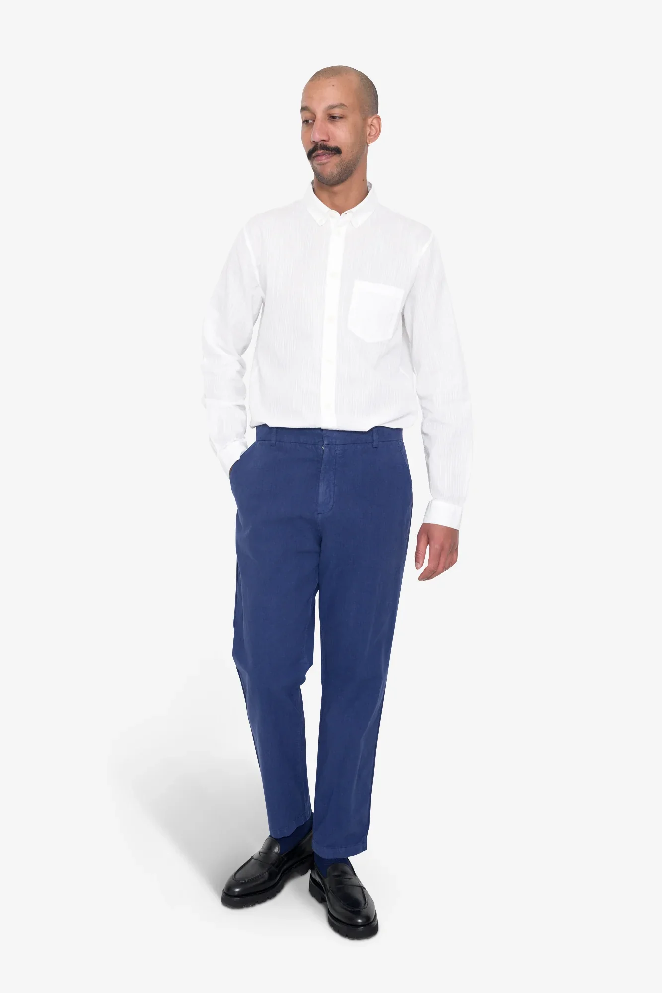 Fixed Waistband Cotton Linen Trousers - Deep Blue - Image 6